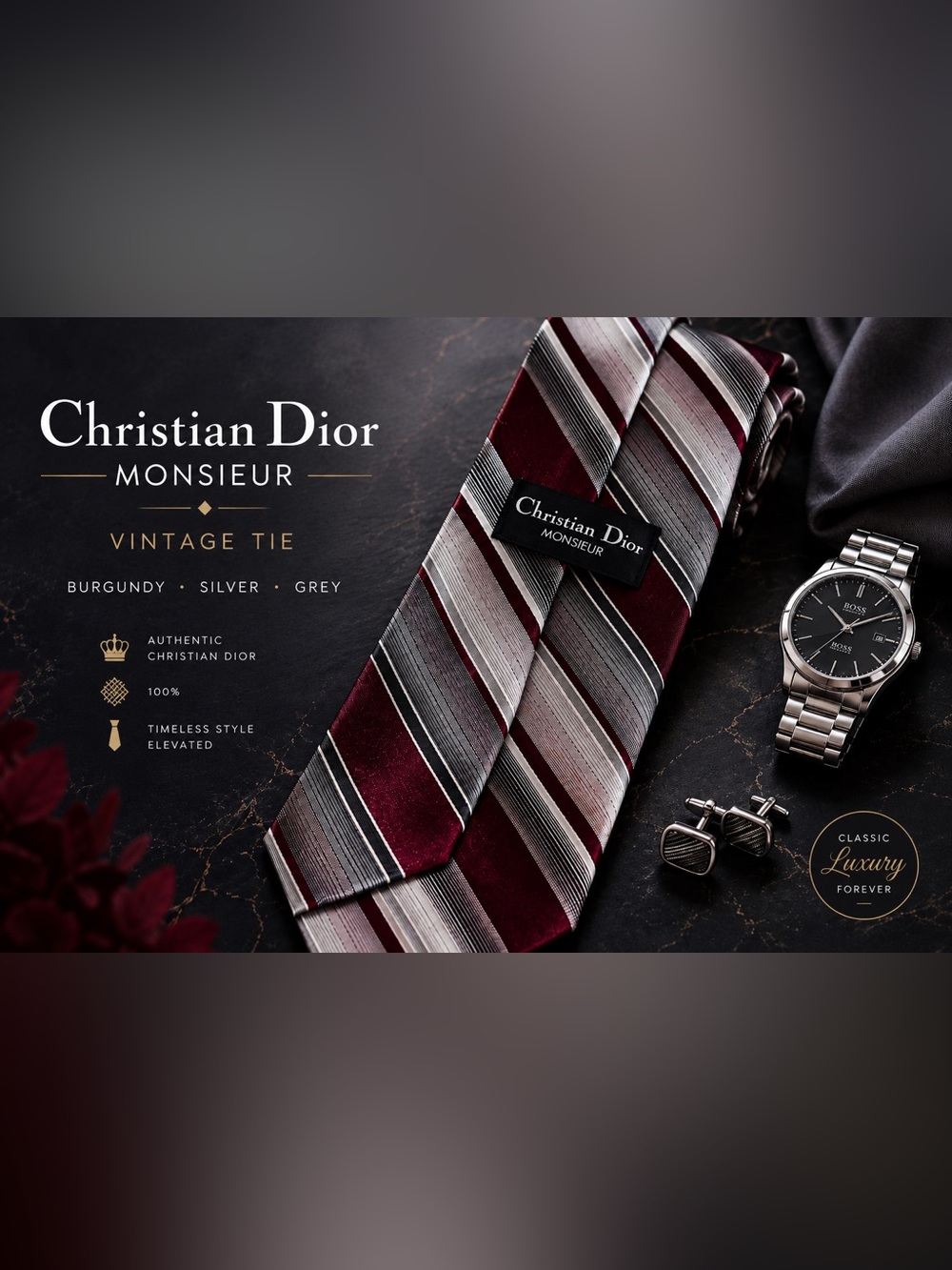 Vintage Christian Dior Monsieur Tie | Burgundy & Silver Striped Designer Tie